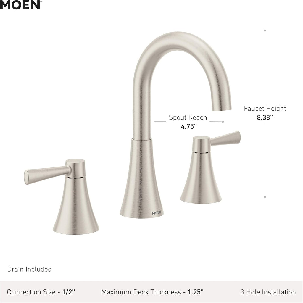 Moen 84023 Ronan Two-Handle Widespread Bathroom Sink Faucet, Valve Included, Chrome, Modern 3-Hole Faucet with Push-Down Drain Assembly