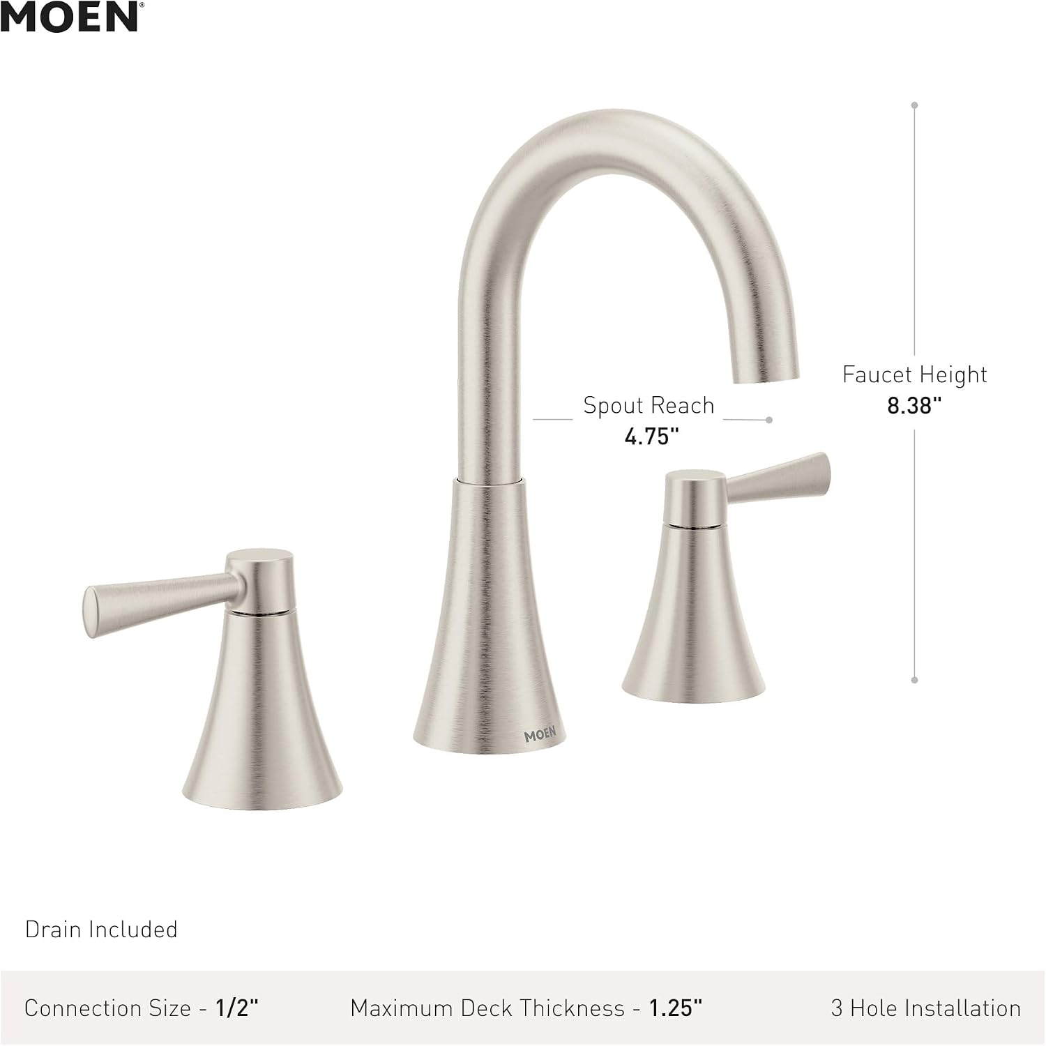 Moen 84023 Ronan Two-Handle Widespread Bathroom Sink Faucet, Valve Included, Chrome, Modern 3-Hole Faucet with Push-Down Drain Assembly