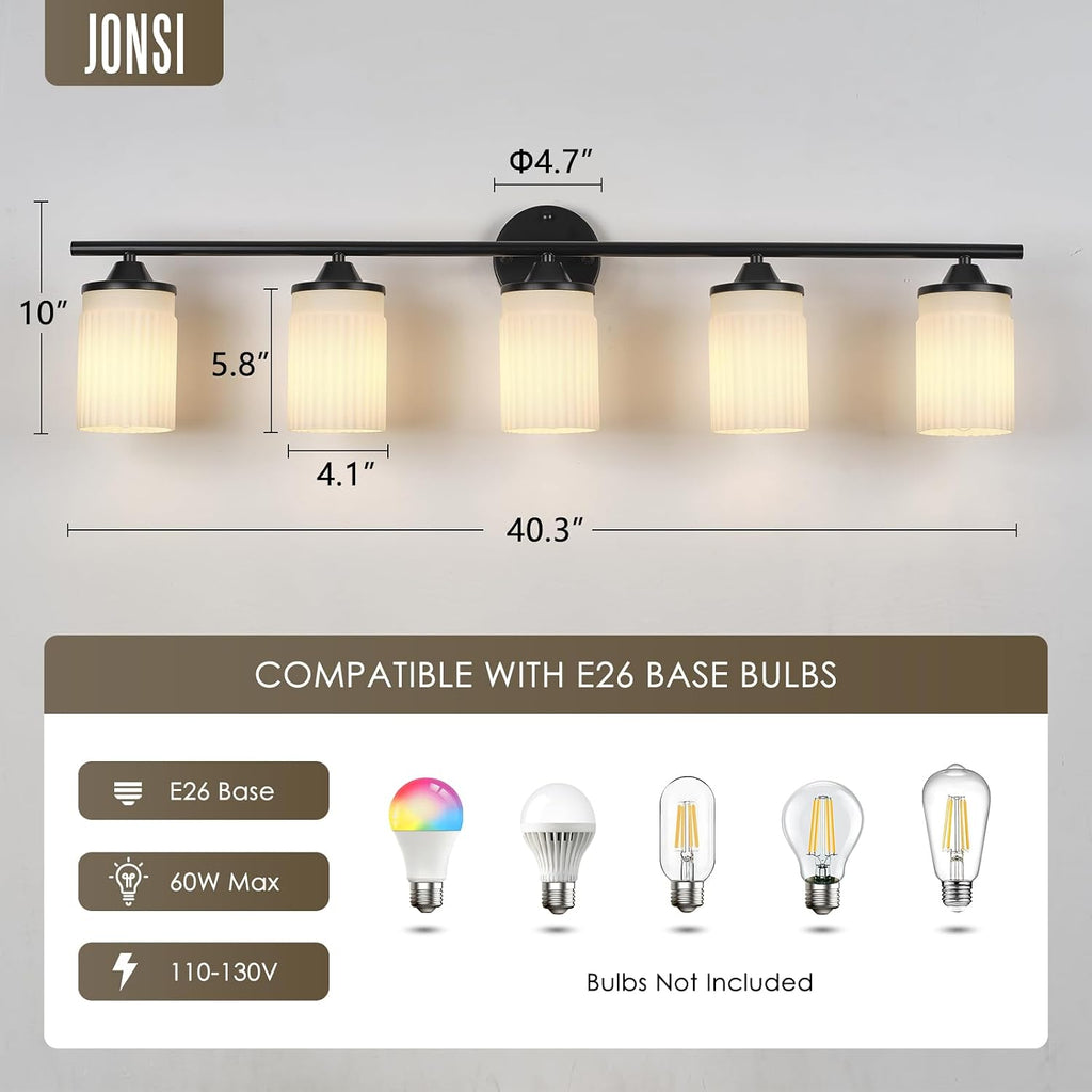 Jonsi Black Bathroom Light Fixtures 5-Light Vanity Lights Modern Wall Sconce with Milk White Shade Brushed Brass Bathroom Light Fixture Over Mirror for Bedroom Hallway Kitchen
