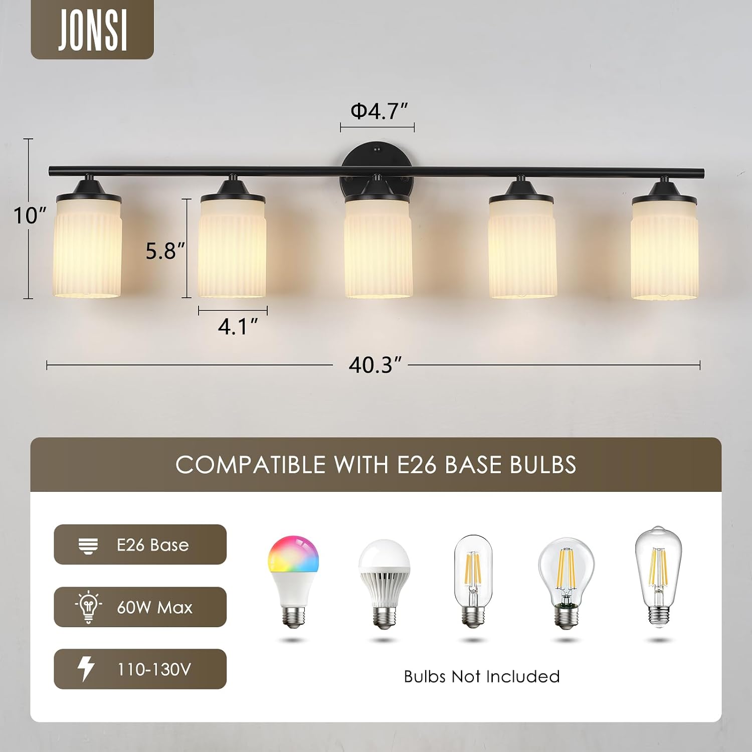 Jonsi Black Bathroom Light Fixtures 5-Light Vanity Lights Modern Wall Sconce with Milk White Shade Brushed Brass Bathroom Light Fixture Over Mirror for Bedroom Hallway Kitchen