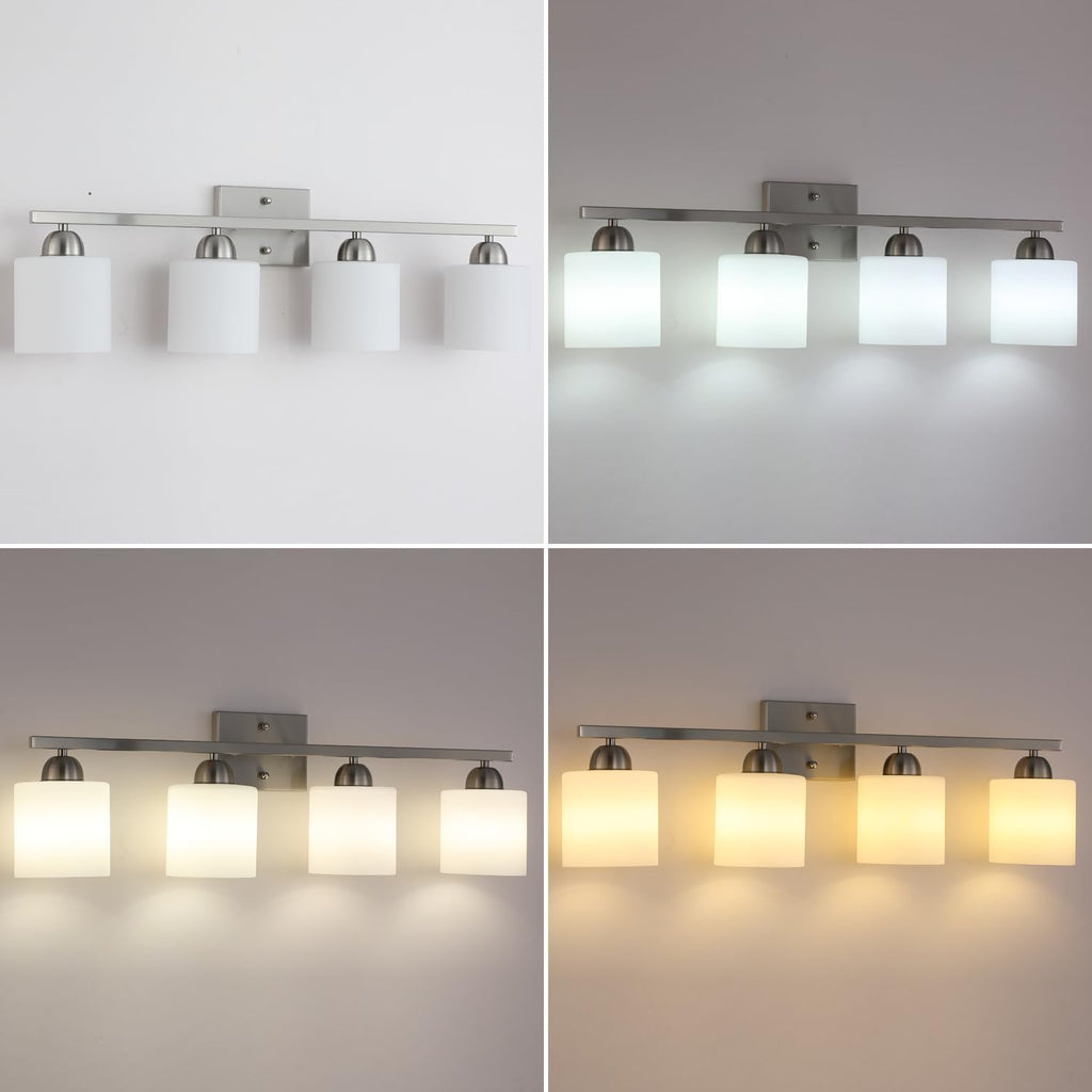 Mecgirn Stainless Steel Milk Glass Vanity Lights for Bathroom, 4 Light Brushed Nickel Bathroom Light Fixtures Over Mirror, Ceramic E26 Sockets Wall Mounted