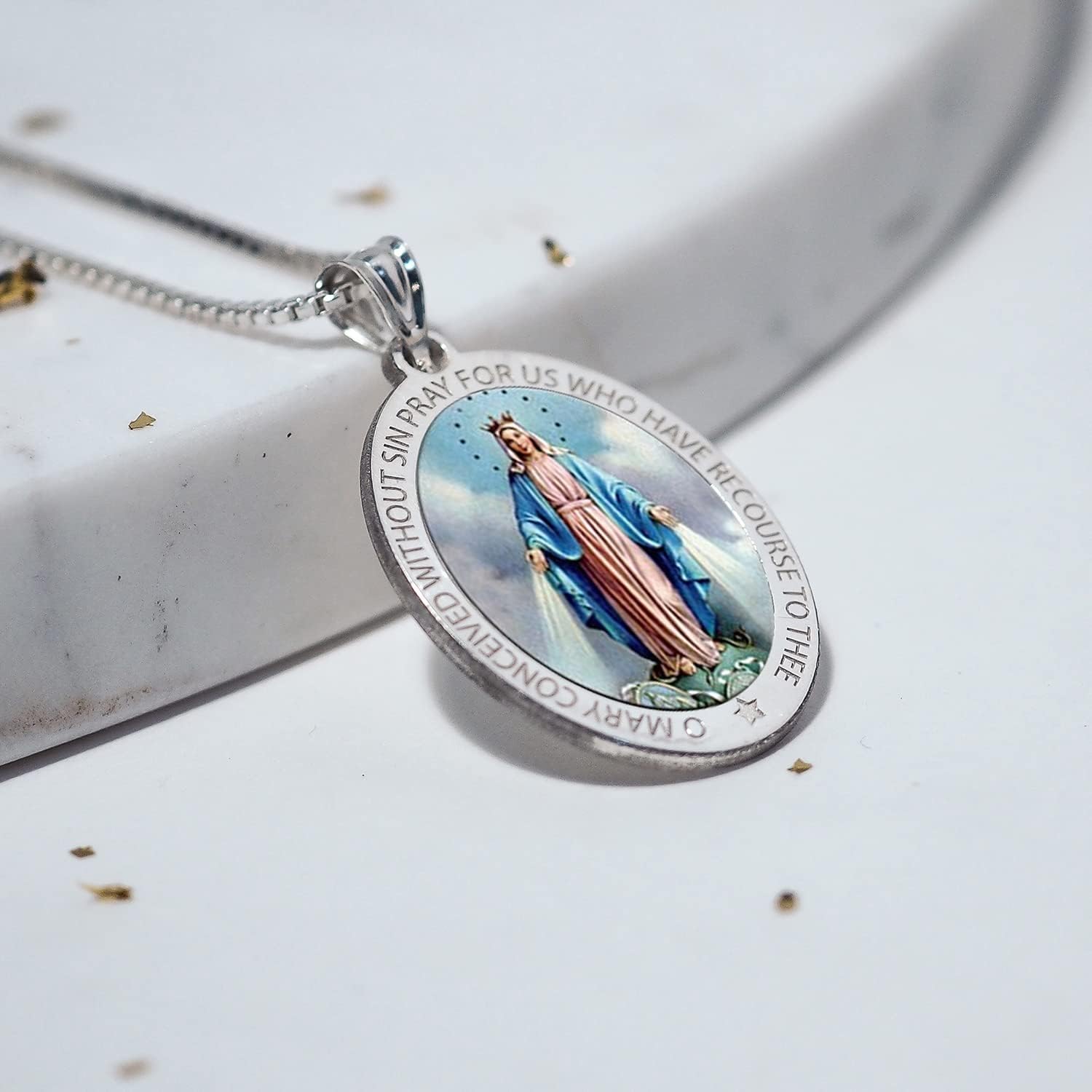 PicturesOnGold.com Miraculous Medal Oval Pendant in 10K/14K Yellow or White Gold & Sterling Silver - Unisex Christian Virgin Mary Pendant - Perfect for First Communion or Confirmation Gifts