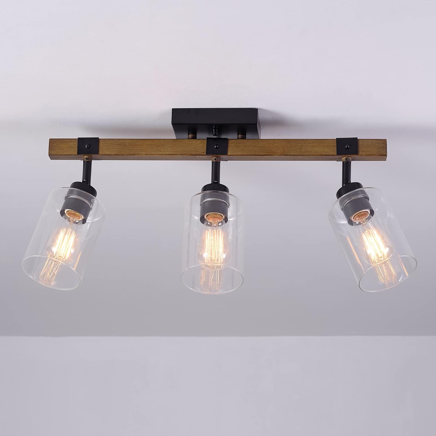 Globe Electric 57502 3-Light Track Lighting, Wood Toned, Matte Black Accents, Clear Glass Shades, Pivoting Heads, Modern Farmhouse, Ceiling Light for Kitchen Island and Dining Room Table