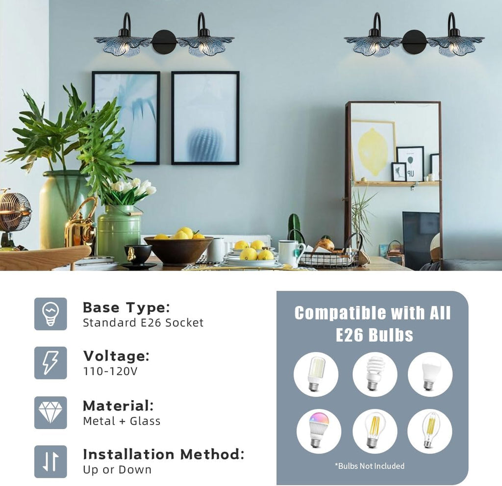 2-Light Glass Wall Mount Light Matte Black Wall Sconce Art Deco Blue Glass Bathroom Lights Fixtures Vintage Vanity Lights Over Mirror for Bedroom Hallway Living Room
