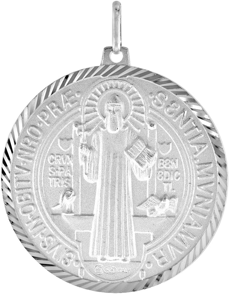 1 1/2 inch Extra Large Sterling Silver St Benedict Medal Necklace for Men 36mm Round Italy 16-24 inch