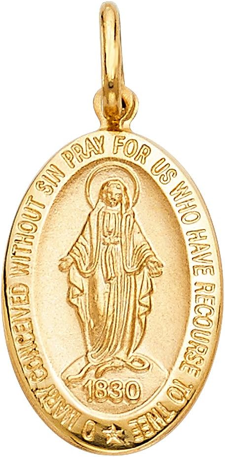 Solid 14K Real Yellow Gold Virgin Mary Miraculous Medal Religious Pendant, 3 Different Size.