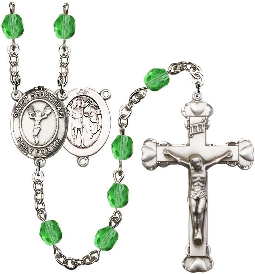 St. Sebastian/Cheerleading Silver-Plated Rosary 6mm August Green Fire Polished Beads Crucifix Size 1 5/8 x 1 medal charm