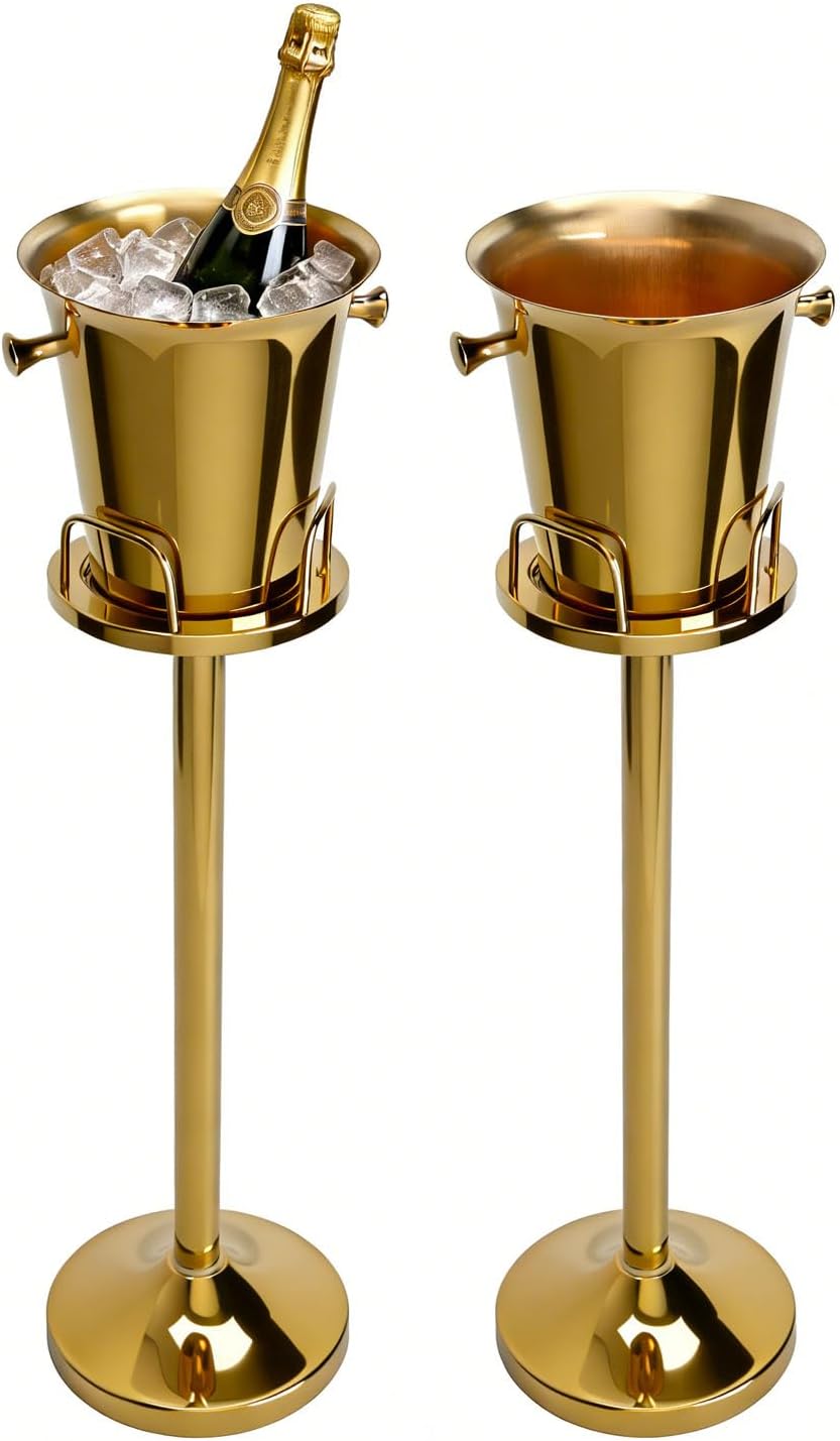 Champagne Bucket with Stand, Wine Bucket Stand with 5L Bucket, Stainless Steel Standing Ice Buckets for Bar, KTV, Hotel, Party, Gathering (Gold, 2 Packs)