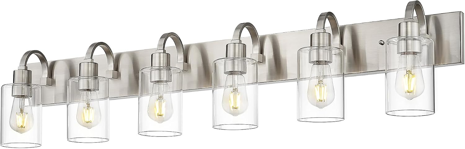 Emliviar Large Bathroom Wall Light, 6-Light Industrial Bathroom Lighting Fixtures Over Mirror, Brushed Nickel Finish with Clear Glass, YCE237B-6W BN