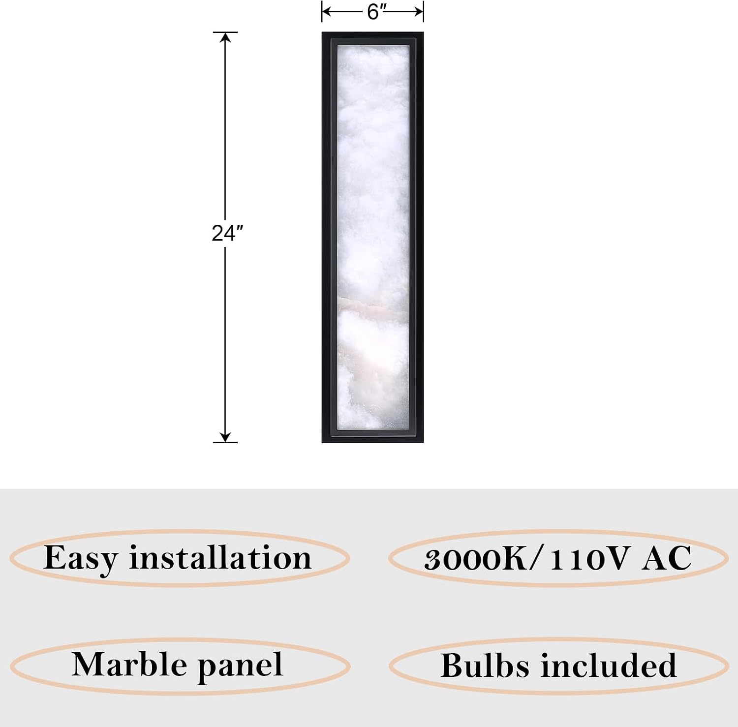 2 Pack 24 Inch Natural Alabaster Bathroom 20W-3000K LED Home Wall Sconce Modern Concise Style Wall Light Fixture,Black Finish for Bedroom Hallway Bedside Living Room