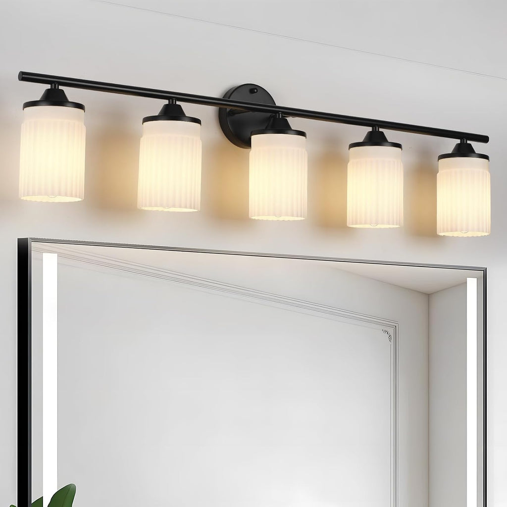 Jonsi Black Bathroom Light Fixtures 5-Light Vanity Lights Modern Wall Sconce with Milk White Shade Brushed Brass Bathroom Light Fixture Over Mirror for Bedroom Hallway Kitchen