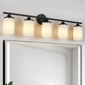 Jonsi Black Bathroom Light Fixtures 5-Light Vanity Lights Modern Wall Sconce with Milk White Shade Brushed Brass Bathroom Light Fixture Over Mirror for Bedroom Hallway Kitchen