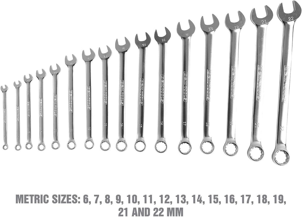 OEMTOOLS 23994 16PC Combo Wrench Set, Metric Wrench Set 6mm-22mm, Posi Grip Wrenches, Heat Treated Steel, Foam EVA Tray