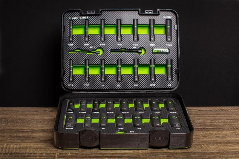 GripEdge | 32-PC 1/4' & 3/8' Drive Deep Metric & SAE Master Socket Extractor Set| Includes sizes - 4-19mm & 3/16-3/4' | Includes Premium Plastic Case With Foam Insert |