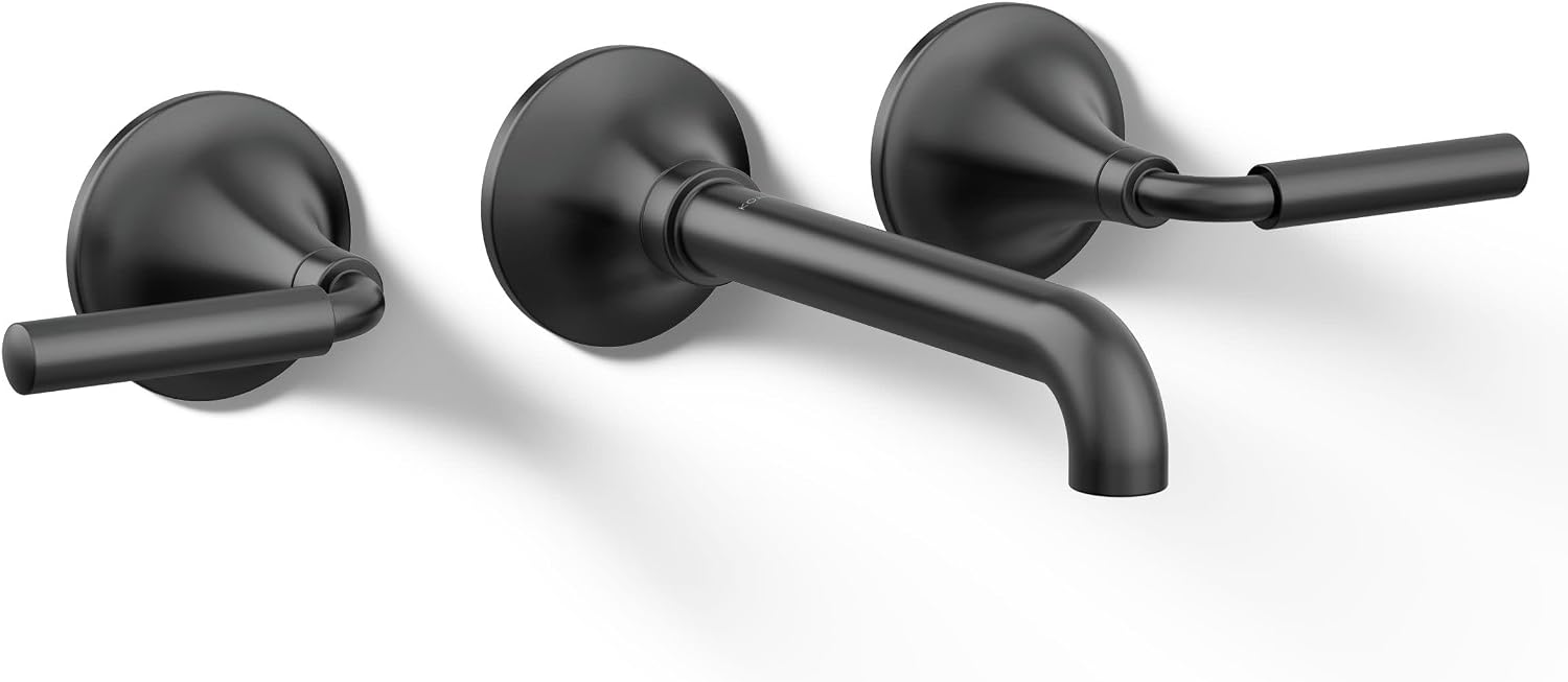 Kohler T26439-4-BL Tone Wall-Mount Bathroom Sink Faucet Set, Bathroom Faucet with Two Lever Handles, Matte Black