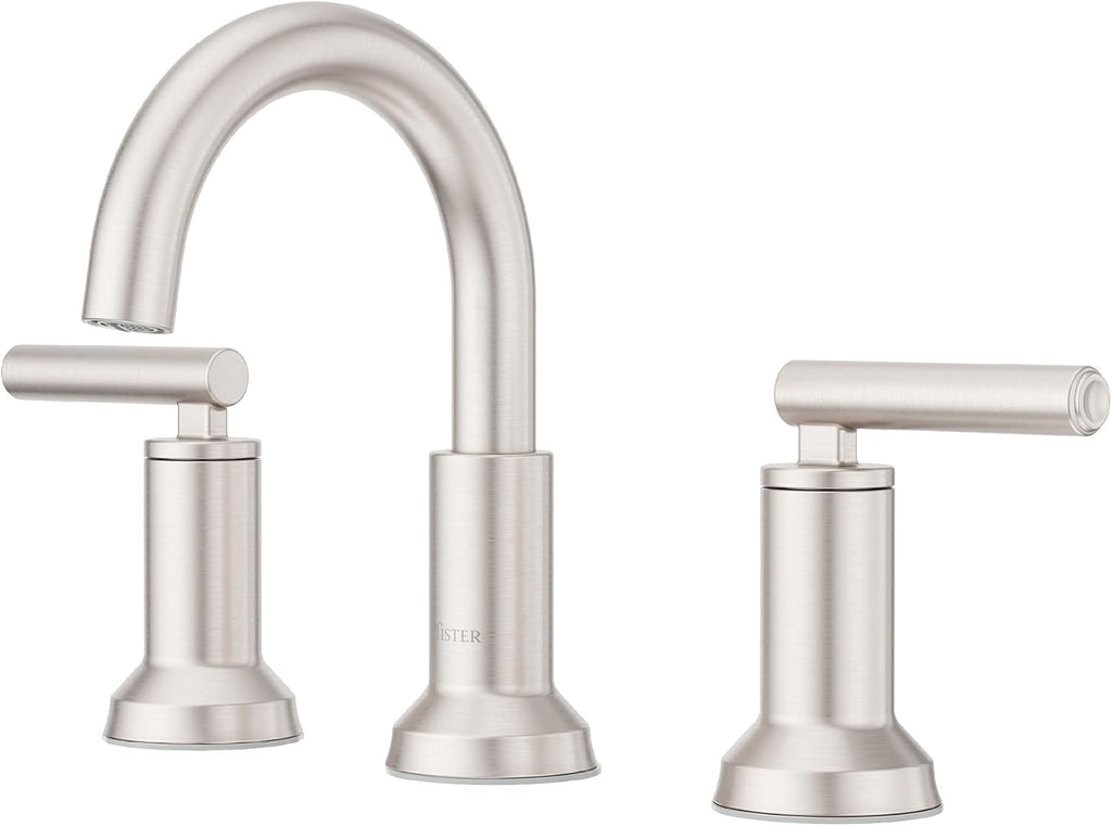 Pfister Capistrano Widespread Bathroom Sink Faucet 2 Handle 3 Hole Brushed Nickel Vanity Faucet with Push & Seal Drain TiteSeal Mount NSF Certified Bath Fixture LF049CSOGS