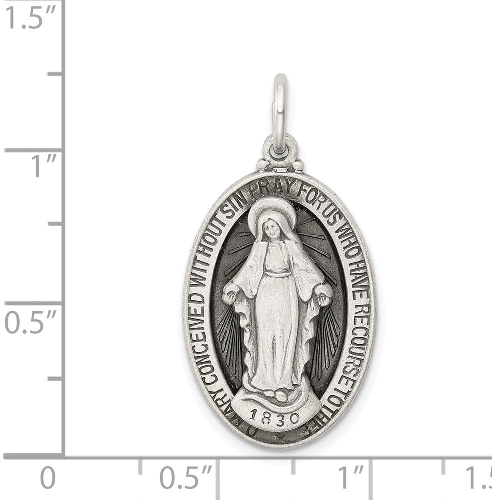 925 Sterling Silver Antiqued Miraculous Medal Pendant (L- 1.19 Inch, W- 0.63 Inch)