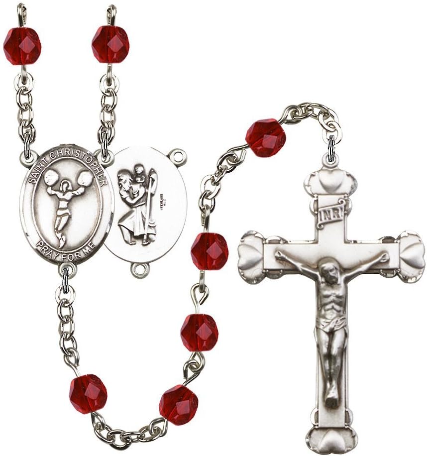 St. Christopher/Cheerleading Silver-Plated Rosary 6mm July Red Fire Polished Beads Crucifix Size 1 5/8 x 1 medal charm