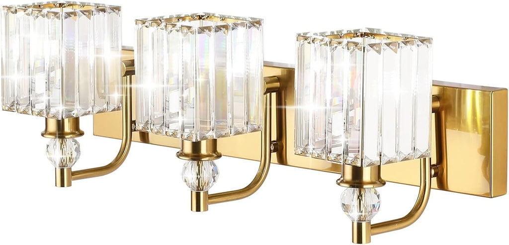Ralbay Crystal Bathroom Vanity Lights 3-Lights 24'' Modern Crystal Gold Bathroom Lighting Fixtures Over Mirror