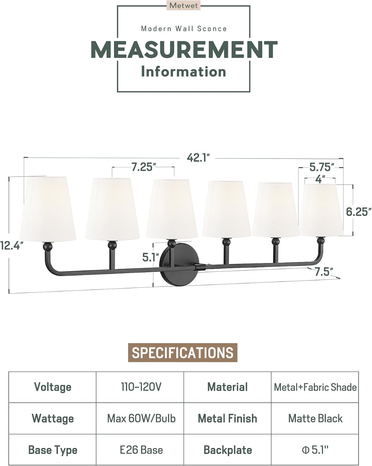 Bathroom Light Fixtures, 42 Inch Matte Black Vanity Lights with Flared White Fabric Shade, 6-Light Wall Sconce, Modern Sconces Wall Lighting for Hallway Bedroom, VL837-MB-6