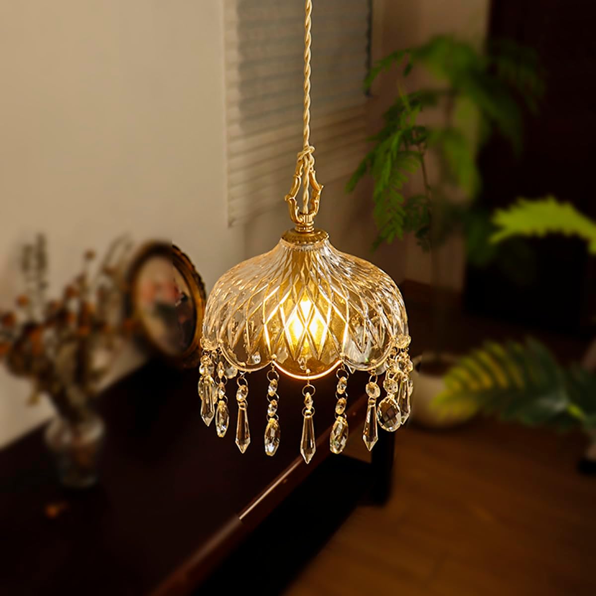 Vintage Crystal Small Pendant Lights Kitchen Island, Adjustable Cord Length 0.5' to 70', Dia7.87 Glass Shade Light Fixture,Brass Hanging Light, Chandelier for Bedroom (2-Pack，Hard-Wired