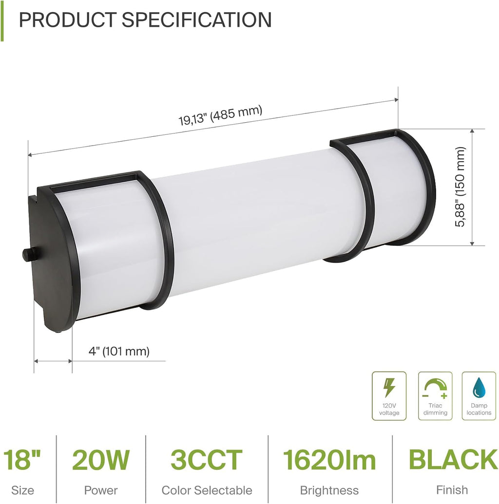 ASD LED 18' Vanity Flush Mount Light Fixture, Linear Bathroom Lighting Bar | 3CCT, Dimmable, Energy Star, ETL Listed | 20W 1650LM 3000-5000K 120V | Long Bath Wall Sconce Over Mirror | Black, 4 Pack