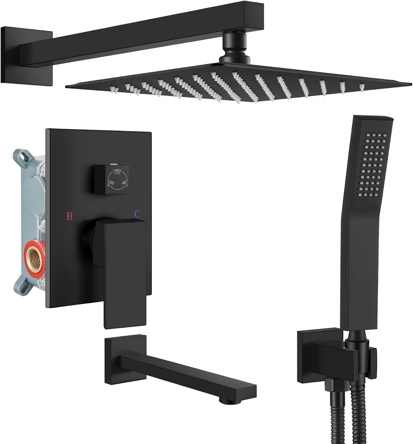 gotonovo Shower System with Tub Spout Wall Mounted Rain Shower Head and Handle Combo Shower Faucet Set with Valve, 10 Inch, Matte Black