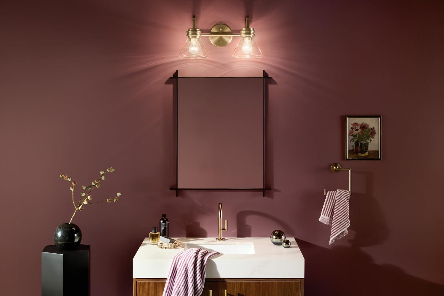 Kichler Farum 19.25' 2-Light Bathroom Vanity Light Fixture with Clear Glass in Champagne Bronze for Vanity Mirror, Jack & Jill Layout, Over Mirror (19.25' W x 9.5' H), 55154CPZCLR