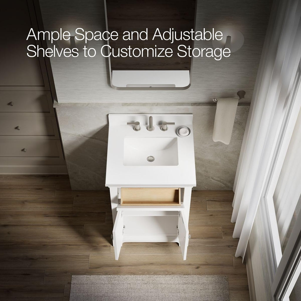 Kohler Charlemont 24' Bathroom Vanity Cabinet with White Sink and Quartz Top, Modern Bathroom Storage, White, K-29259-BD1-0