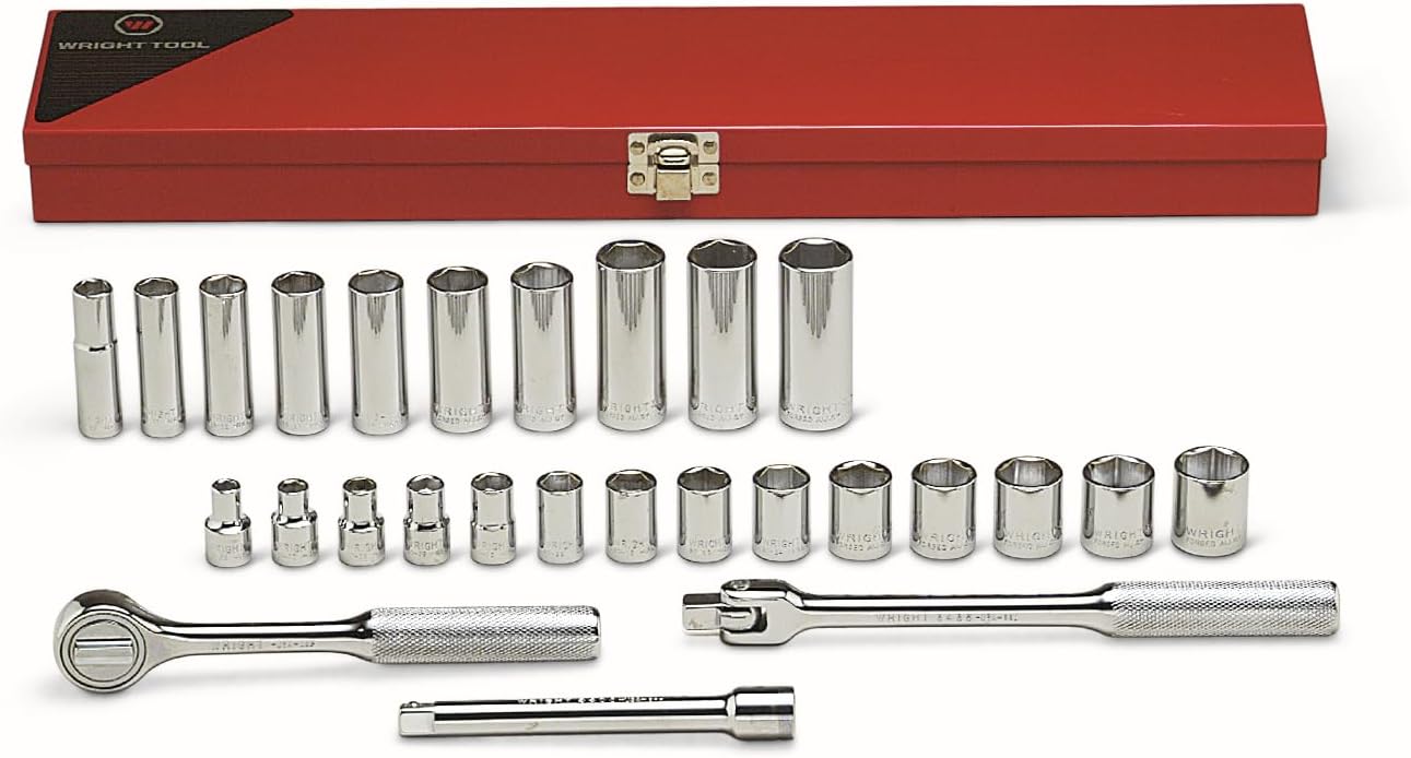 Wright Tool 377 3/8 Inch Drive 27 Piece Metric Socket Set 6 Point Standard 12 Point Deep 6mm to 19mm Ratchet Flex Handle 6' Extension Metal Box USA