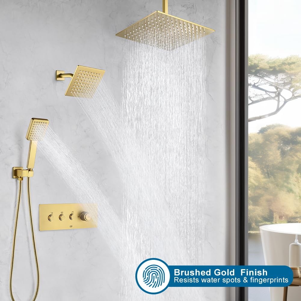 Brushed Gold Shower Faucet Set, Push Button Diverter Shower System, 12 Inch Ceiling Shower Head with 6 Inch Wall Mounted Shower Head and Handle Set, Include Shower Valve and Trim Kit