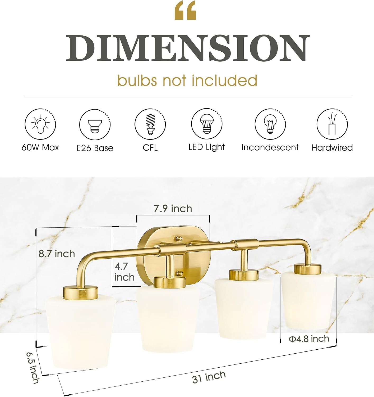 Bathroom Light Fixtures Over Mirror, 4-Light Brushed Gold Vanity Lighting Fixtures with Milk White Glass, Farmhouse Champagne Bronze Wall Sconces Lighting, AD-22004-4W-GD