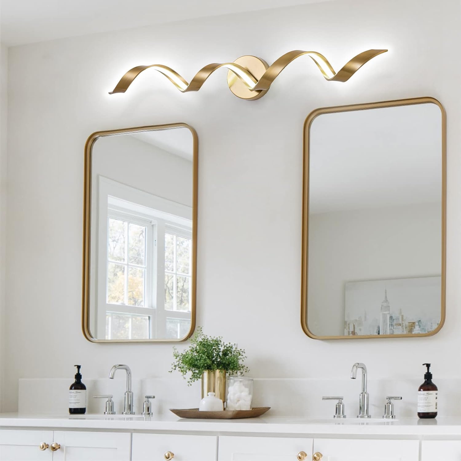 Dimmable Modern LED Bathroom Vanity Light 32 inch, 20W Spiral Design Gold Wall Light Fixtures for Bathroom, Living Room and Hallway, 6000K White Light