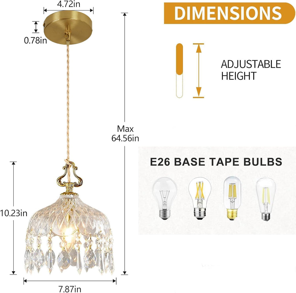 Vintage Crystal Small Pendant Lights Kitchen Island, Adjustable Cord Length 0.5' to 70', Dia7.87 Glass Shade Light Fixture,Brass Hanging Light, Chandelier for Bedroom (2-Pack，Hard-Wired