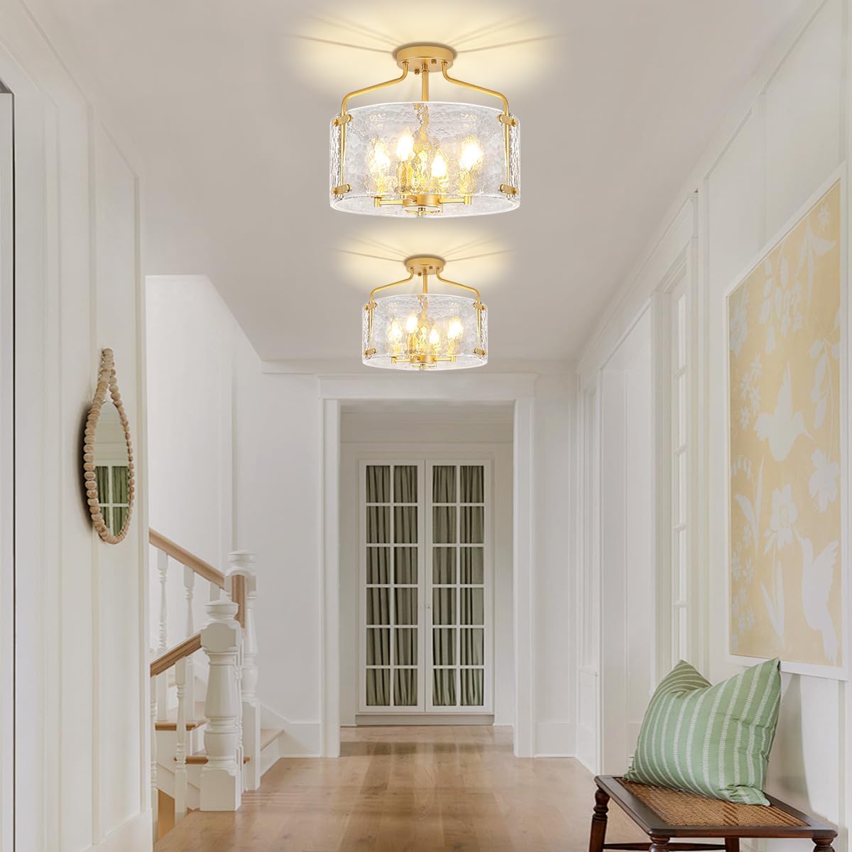 4-Light Gold Semi Flush Mount Ceiling Light, Modern Hammered Glass Drum Chandelier Entryway Light Fixtures Kitchen Close to Ceiling Lights for Bathroom Hallway Dining Room Foyer Lighting