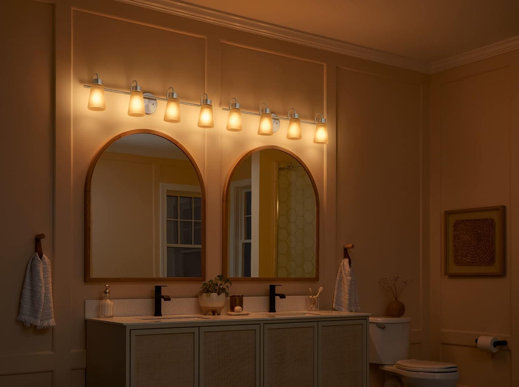 Kichler Stamos 4-Light Bathroom Vanity Light Fixture with Satin Etched Glass Shades, 26 in Modern Wall Light in Brushed Nickel for Bathroom Mirror (26 in x 8 in x 5 in), 55122NI