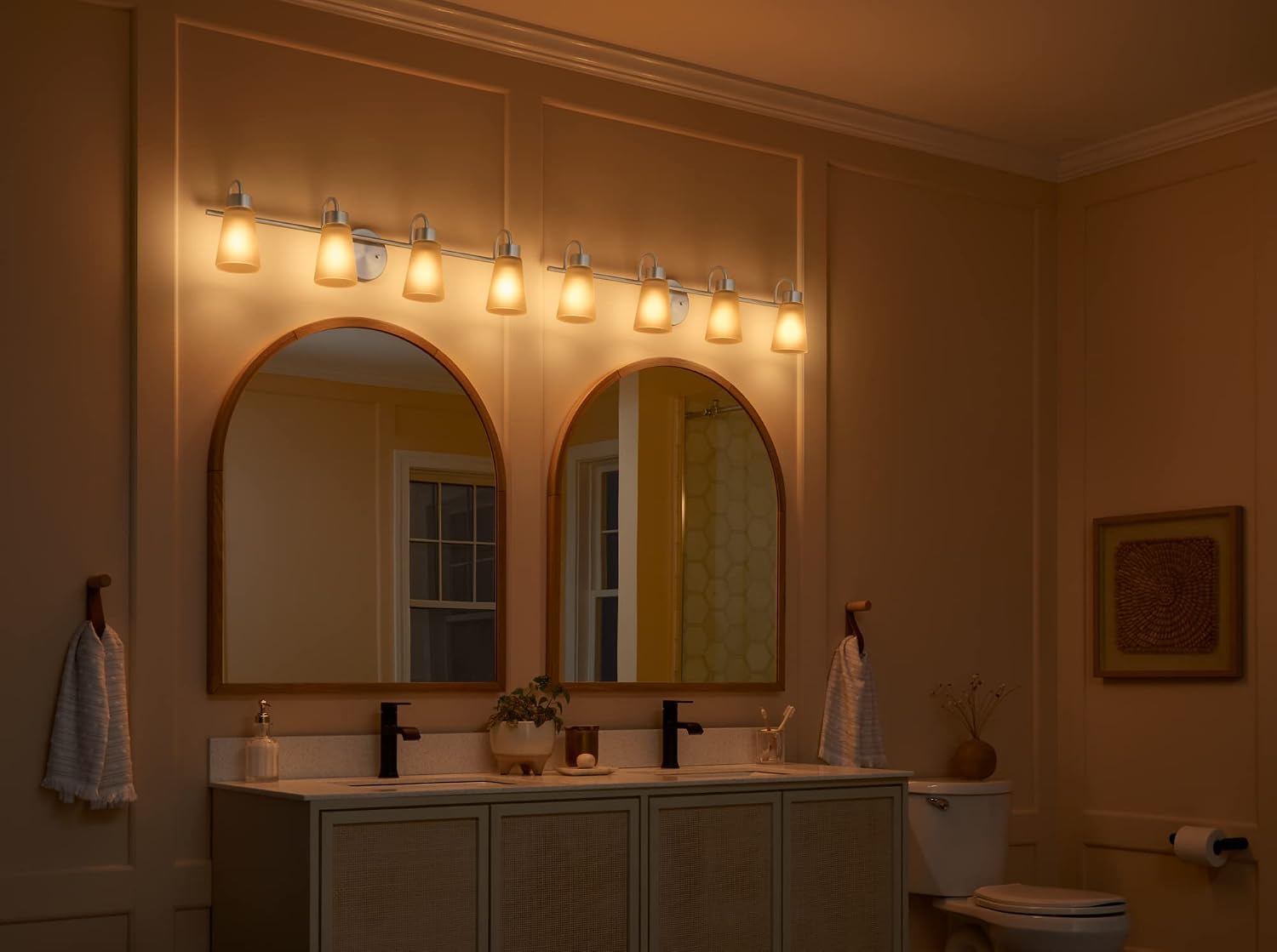 Kichler Stamos 4-Light Bathroom Vanity Light Fixture with Satin Etched Glass Shades, 26 in Modern Wall Light in Brushed Nickel for Bathroom Mirror (26 in x 8 in x 5 in), 55122NI