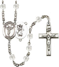 St. Christopher/Cheerleading Silver-Plated Rosary 6mm April Crystal Fire Polished Beads Crucifix Size 1 3/8 x 3/4 medal charm