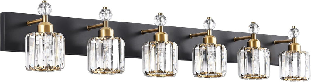 PRESDE Crystal 6 Light Bathroom Vanity Lights Black and Gold Bathroom Lights Fixtures Over Mirror Modern Bedroom Hallway