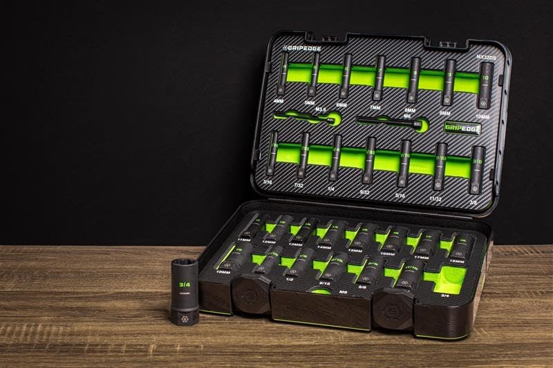 GripEdge | 32-PC 1/4' & 3/8' Drive Deep Metric & SAE Master Socket Extractor Set| Includes sizes - 4-19mm & 3/16-3/4' | Includes Premium Plastic Case With Foam Insert |