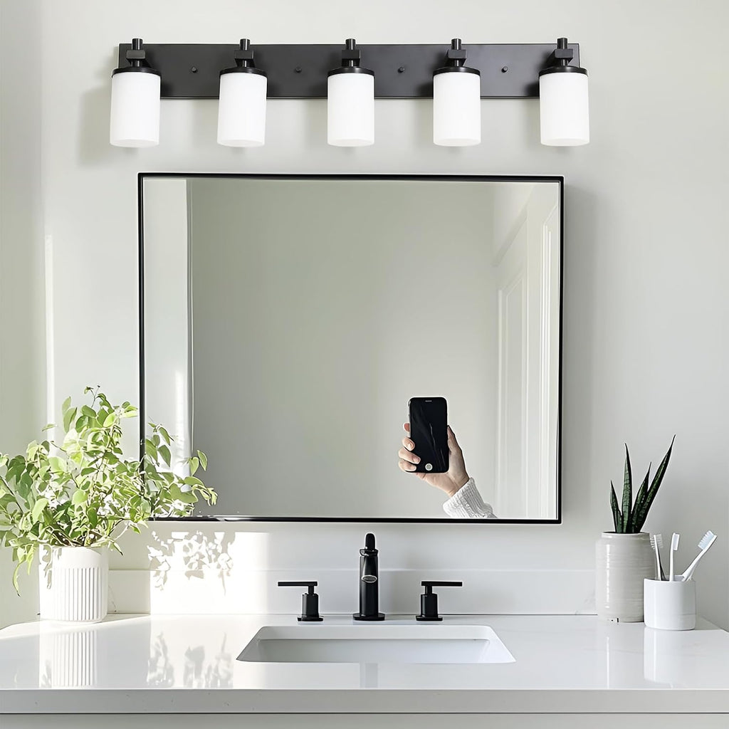 LOUSACE Bathroom Light Fixtures Over Mirror, 5 Light Vanity Lights Matte Black, Modern Bathroom Lighting with Opal White Glass Shades, Wall Sconces Fixture Vanity Lighting for Bedroom Living Room