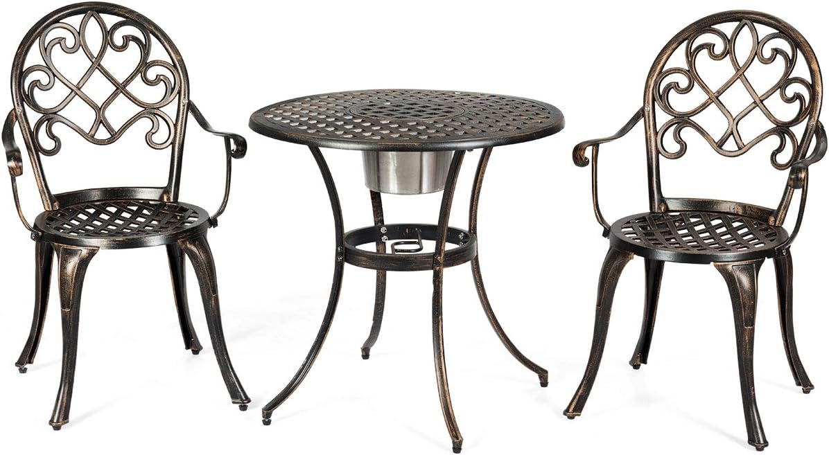 Giantex 3pcs Bistro Table Set Cast Aluminum Outdoor Patio Furniture Set Round Table W/Removable Ice Bucket, 2 Chairs Antique Garden Furniture Weather Resistant (Antique Bronze)