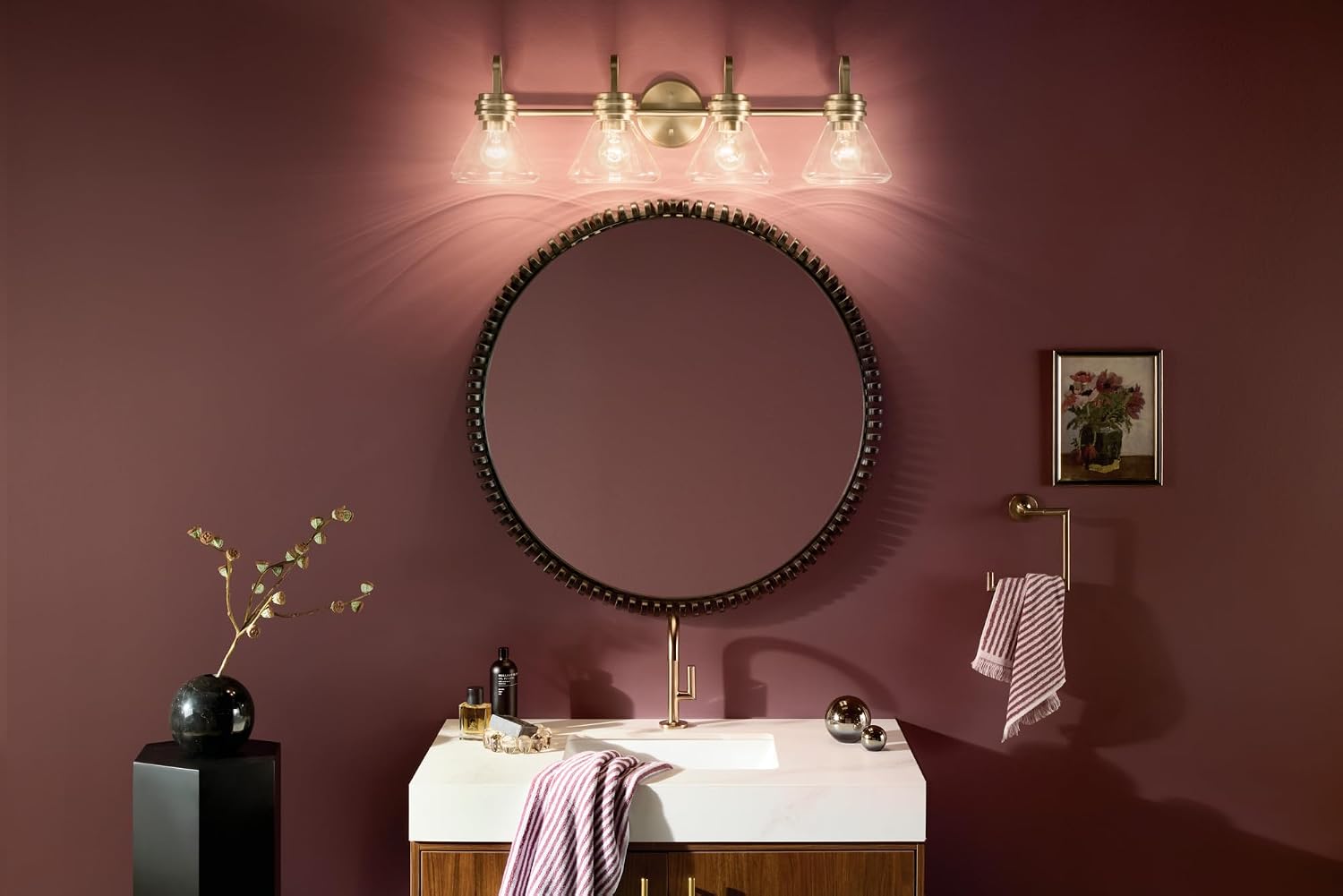 Kichler Farum 34' 4-Light Bathroom Vanity Light Fixture with Clear Glass in Champagne Bronze for Single or Double Vanity, Modern Lighting Fixture (34' x 9.5' x 9.5'), 55156CPZCLR