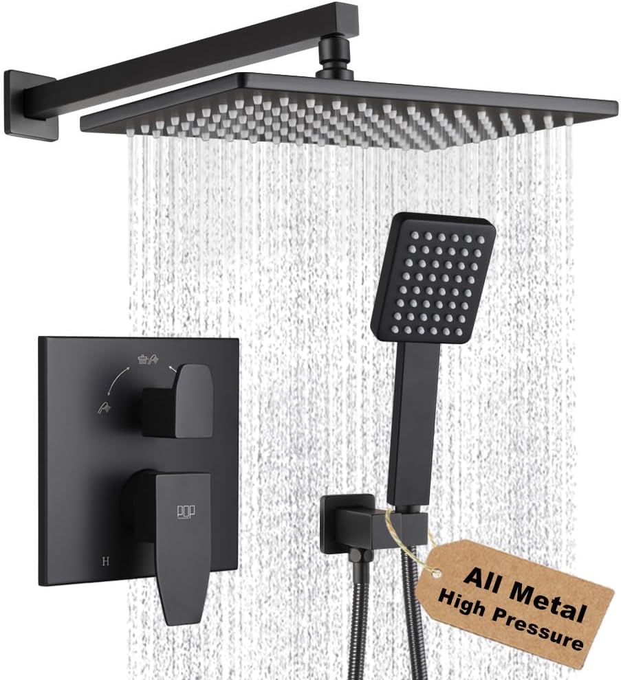 Matte Black Shower Faucet Set Rainfall 12 Inch Shower Head and Handle Set Bathroom Rain Shower System Wall Mounted Shower Fixture Include Shower Valve and Trim Kit