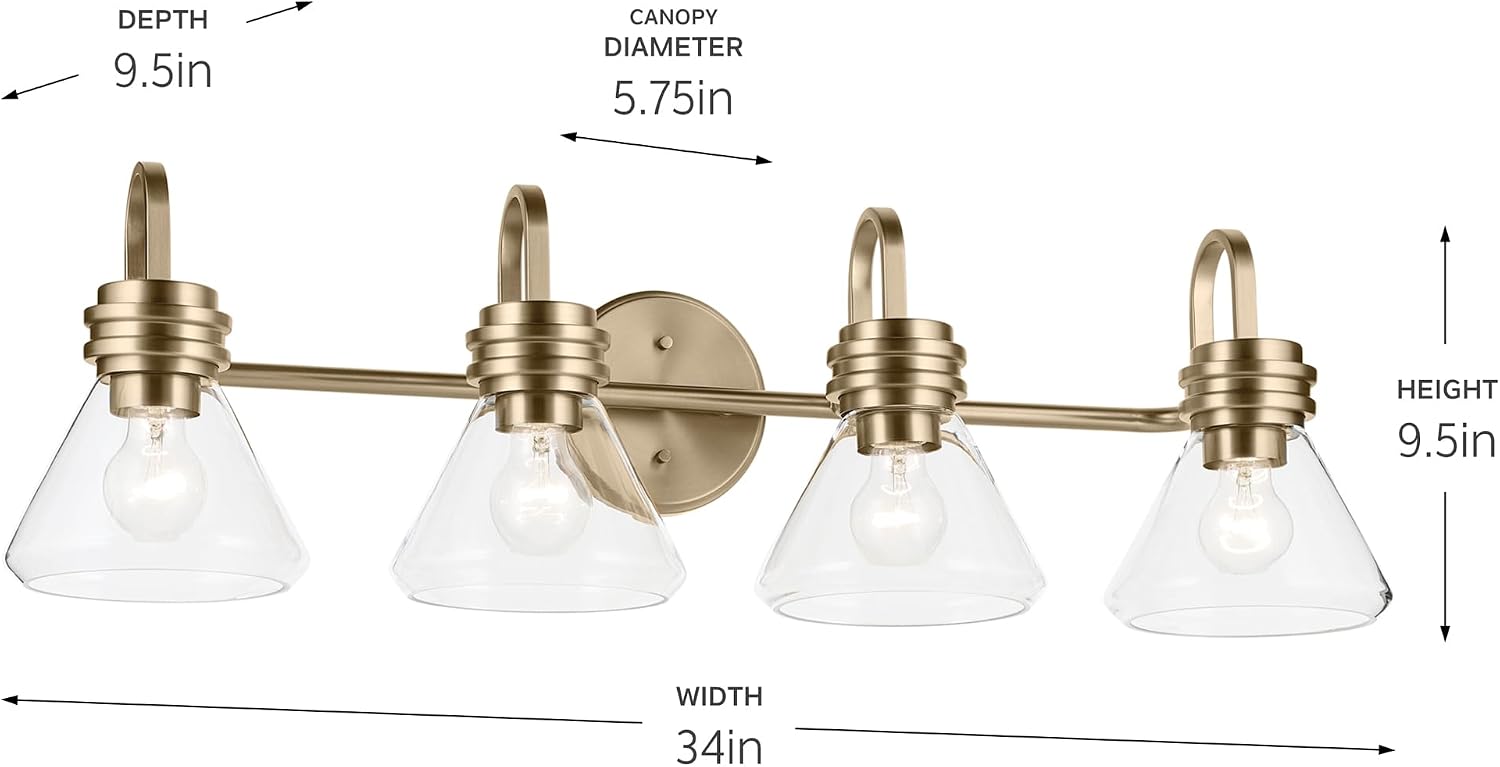 Kichler Farum 34' 4-Light Bathroom Vanity Light Fixture with Clear Glass in Champagne Bronze for Single or Double Vanity, Modern Lighting Fixture (34' x 9.5' x 9.5'), 55156CPZCLR
