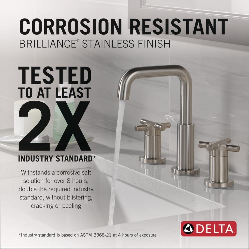 Delta Nicoli Brushed Nickel Bathroom Faucet 3 Hole, 8 Inch Widespread Bathroom Sink Faucet for Vanity, Push-Pop Drain Assembly, Drain Assembly, Stainless 35894LF-SS