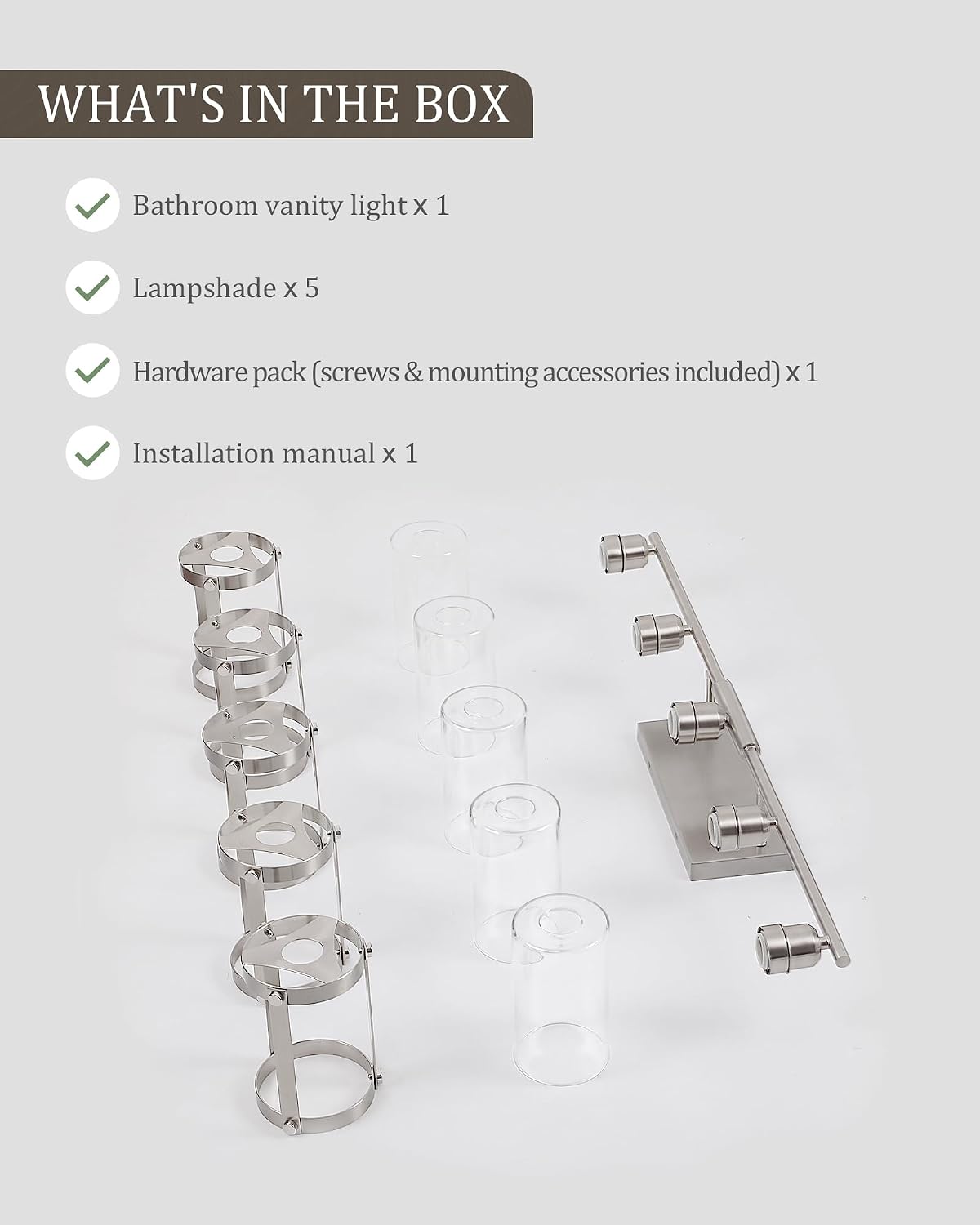 5-Light Brushed Nickel Bathroom Light Fixtures Over Mirror with Clear Glass and Metal Cage Shade, 38' UL-Listed Modern Farmhouse Wall Sconce for Bath, Hardwire E26, OS-3014BN-5W