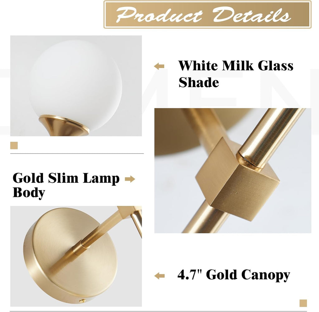 KCO Mid-Century Modern Wall Mounted Sconces Set of 2 Brushed Gold Globe Vanity Light Fixture Long Arm Industrial Bathroom Lighting Fixtures Over Mirror (White)