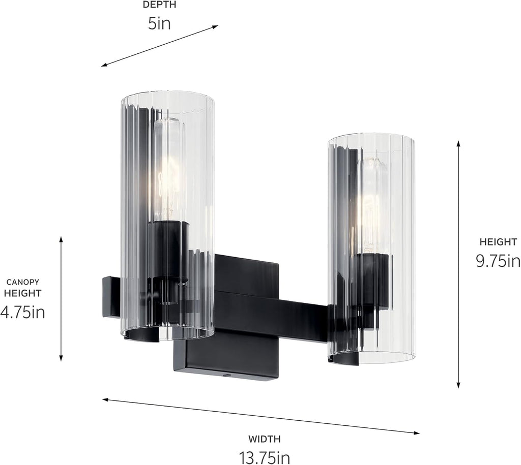 Kichler Jemsa 2-Light Bathroom Vanity Light Fixture with Clear Fluted Glass in Black, Modern Wall Mount Light for Bathroom or Powder Room (9.75' x 13.75'), 55167BK