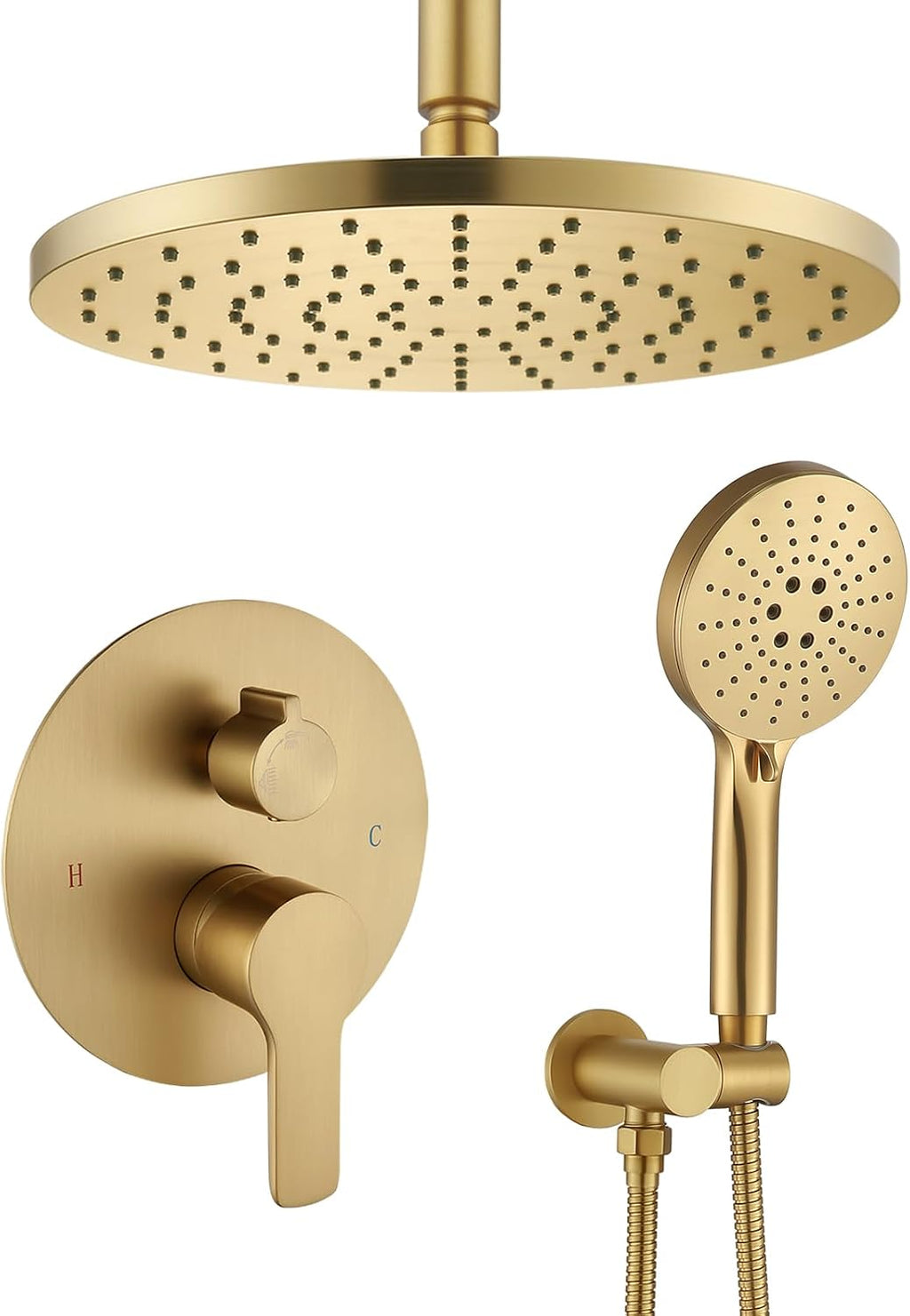 Iriber Shower System Ceiling Mounted Shower Faucet Mixer Set with Luxury High Pressure Shower head and 3-Setting Handheld, Bathroom Shower Trim Kit Contain Pressure Balance Valve,Brushed Gold